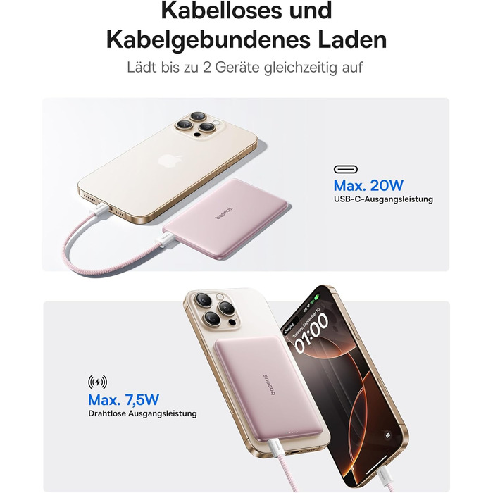 Power Bank Baseus Picogo AM41: Тонкий Magsafe Пауербанк, PD 20W, 5000mAh, Рожевий, з USB-C кабелем для iPhone 17/16/15/14/13/12