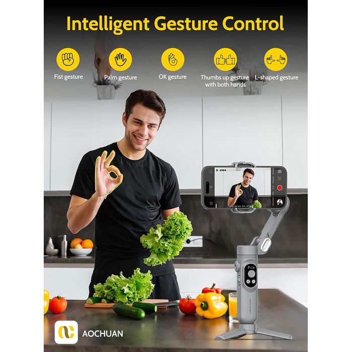 Стабілізатор для смартфона AOCHUAN з 3 осями, з функцією розпізнавання облич, вбудованим світлом, 1/4