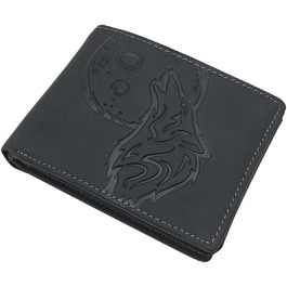 myledershop Genuine Buffalo Leather Wallet/Bifold Wallet/Card Holder/Money Bag in Portrait or Landscape Format with Wolf Motif and RFID & NFC Protection (Model 2 / Landscape/Black)