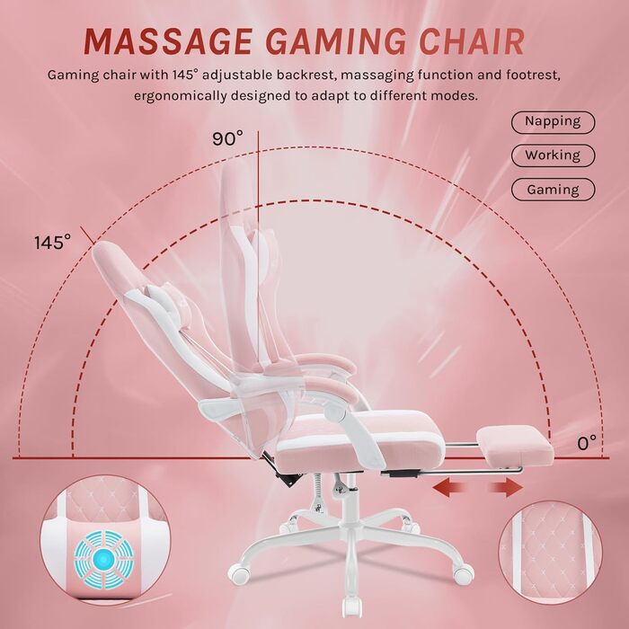 WOLTU Gaming Chair with Massage Function, Computer Chair with Pocket Spring Cushion, Ergonomic Gamer Recliner, Swivel Chair with Headrest, Lumbar Pillow, Footrest, Mesh Fabric, Pink+White, GS15rsw Pink+White Mesh Fabric