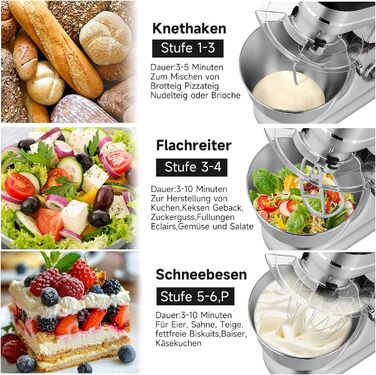 Кухонна машина HOMELUX 1800W з чашею 8 л з нержавіючої сталі, 6 швидкостей, LED-дисплей, насадки для замішування, збивання та нарізки, сіра