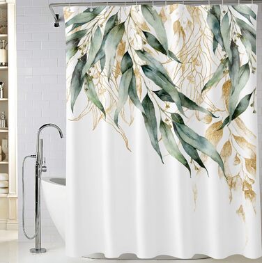 Штора для душу M&W DAS DESIGN з поліестеру, листя зелено-золоті, водонепроникна, з кільцями, 180x200 см