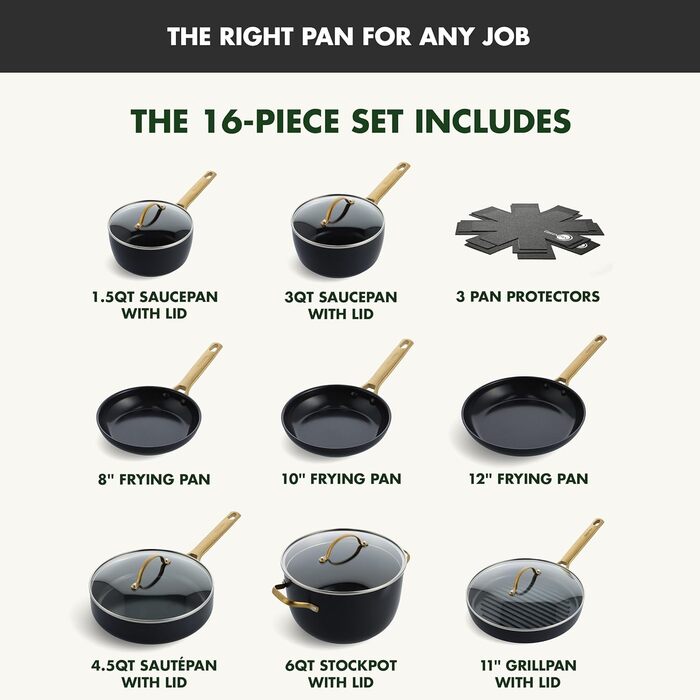 GreenPan Reserve Hard Anodized, Healthy Ceramic Non-Stick Coating, 16-Piece Cookware Set, Pots and Pans, Golden Handle, PFAS-Free, Dishwasher Safe, Oven Safe, Black 16 Piece Cookware Pots and Pans Set Schwarz
