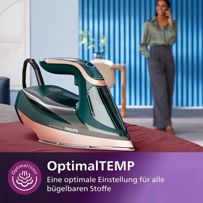 Парова праска Philips Azur 8000, 3000 Вт, 70 г/хв, 240 г паровий удар, OptimalTEMP, опалова зелена