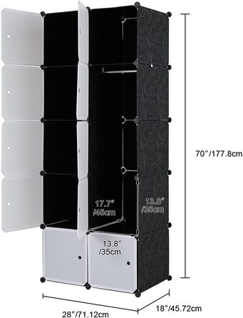 Regal system, 10 cubes, plastic wardrobe with doors, modular cabinet for space-saving storage, 70 x 45 x 175 cm, white door & black cabinet, for storing clothes, shoes, etc.