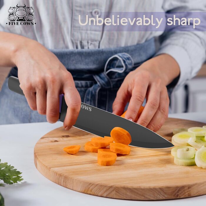 Набір кухонних ножів FIVE COWS з 14 предметів: професійний набір ножів для дому з самозаточуванням, включає ніж для стейка та ножиці, покриття захищає від окислення (фіолетовий)