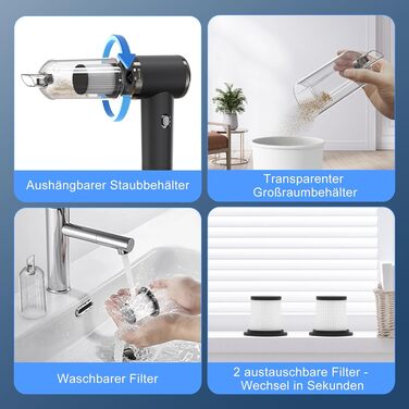 Бездротовий акумуляторний пилосос Handstaubsauger: потужний 12000Pa для дому та авто, 3-в-1 з USB-зарядкою, 5200mAh, видалення шерсті тварин, 2 режими, миючий фільтр та аксесуари