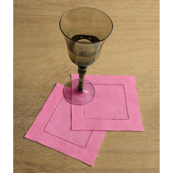 Лляні коктейльні серветки Solino Home з класичним хохлом, 15,2×15,2 см, 12 шт, 100% натуральний льон, фламінго-рожеві, для сервірування столу, весняний декор