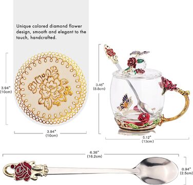 Enamel Butterfly Flower Tea Cup Sets with Spoon and Lid, Glass Coffee Mugs, Wedding Birthday, Valentine's Day, Christmas, Gift for Women Wife Friend (Pink)