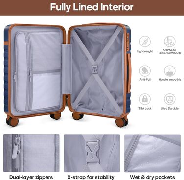 Набір валіз UKEIN 3 шт. з жорстким корпусом, міцний ручний багаж з 4 колесами, TSA-замок, рюкзак та косметичка (Marineblau)