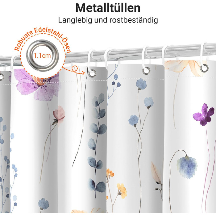 Штора для душу 240x200 см, квіти, поліестер, антигрибкова, водовідштовхувальна, з кільцями та утяжувачем (Ліловий)