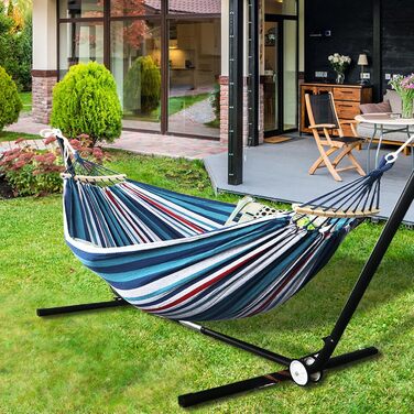 Гамак садовий ANYOO з дерев'яною перекладиною, портативний, зручний для тераси, саду, пляжу (синьо-червоно-білий)