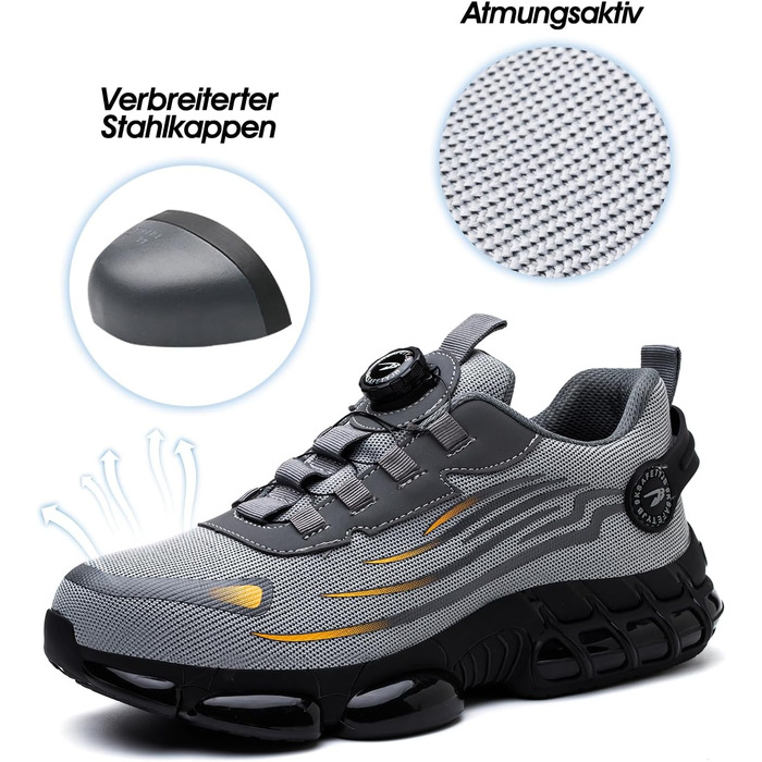 Черевики безпеки для чоловіків та жінок. Спортивні, дихаючі, з металевим підноском, антиковзаючі. Розміри 36-46 EU, колір сірий.
