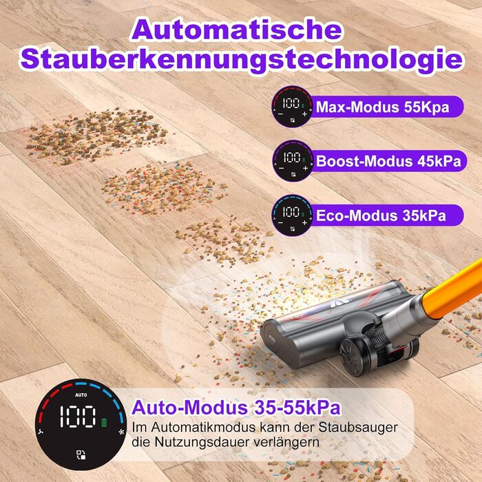 Бездротовий пилосос Coovy SU7 з акумулятором, 580W, 75 хвилин роботи, 55000Pa, великий дисплей, автоматичний режим, для килимів, шерсті тварин, твердих поверхонь
