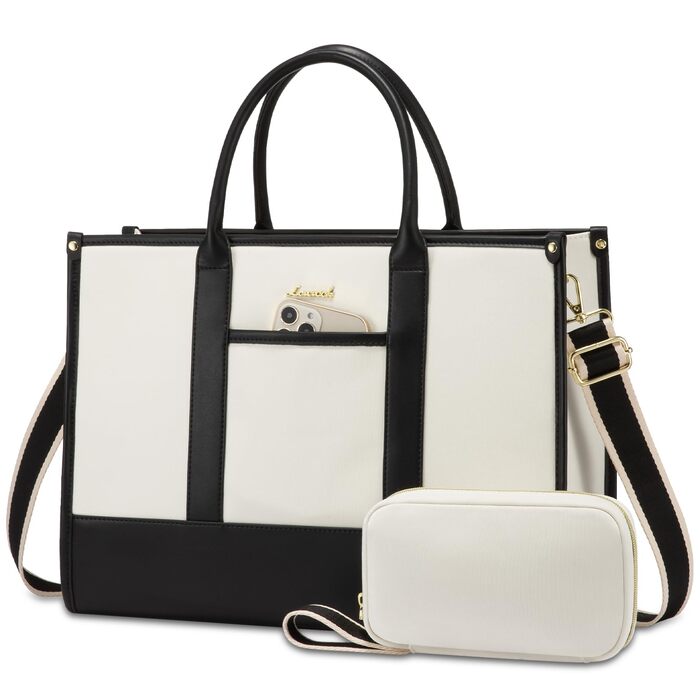 Сумка для ноутбука LOVEVOOK жіноча водонепроникна для роботи, університету (17 дюймів, чорно-бежева). Бізнес-сумка, портфель, сумка для вчителя зі шкіри.