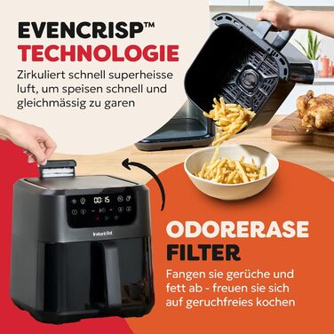 Фритюрниця повітряна Instant Pot Vortex Compact Trüffel Grau 5 л з сіткою, сімейна, 4-в-1: фритюрниця, сушарка, духовка, підігрівач, антипригарне покриття, легко мити, придатна для миття в посудомийній машині, колір Трюфель (5 л, чорний)