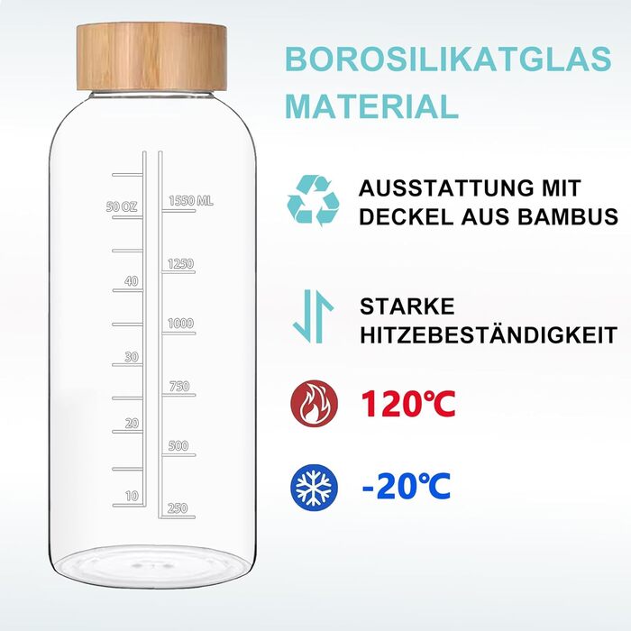 RNCKUUE 2 Liter Glass Bottle, 2l Glass Drinking Bottle, Glass Water Bottle with Strainer, Neoprene Sleeve, Bottle Brush (2000 ml, Bamboo Lid)