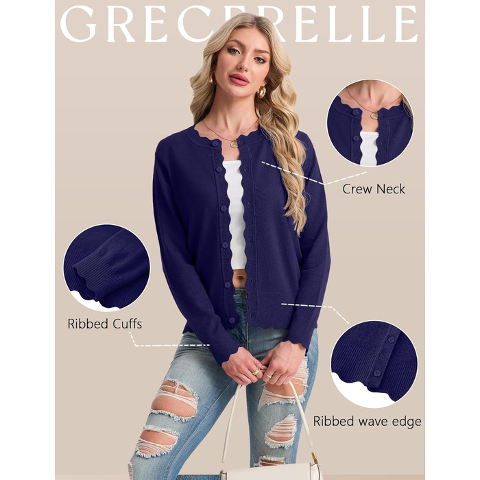 Кардиган жіночий GRECERELLE короткий з ґудзиками, чорний. В'язаний жакет з хвилястим низом, довгий рукав, повсякденний