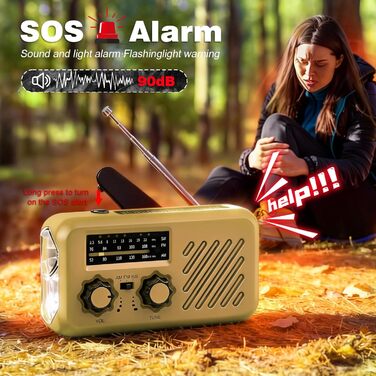 Радіоприймач Kurbelradio з підключенням навушників, AM/FM/SW, сонячне аварійне радіо, акумулятор 2000mAh, Power Bank, радіо на батарейках, будівельне радіо з приймачем світу, SOS ліхтарик для аварійного спорядження (297-Khaki)