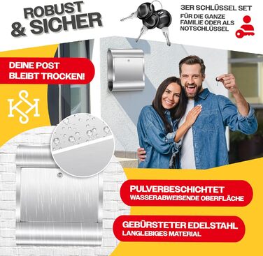 Поштовий ящик настінний KESSER® XXL нержавіюча сталь срібний з газетницею, замок + 3 ключі, вологостійкий, порошкове покриття