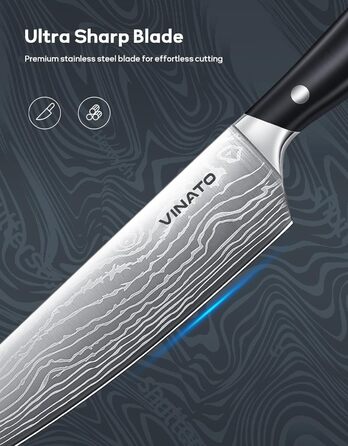 VINATO 14-Piece Knife Block Set with Sharpener - Damascus Pattern Kitchen Knife Set (Matte Black)