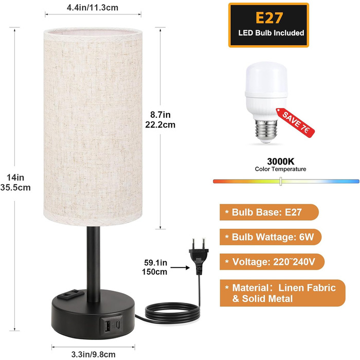 Настільна лампа Kakanuo з торшером, USB-порт, регулювання яскравості, тканинний абажур, для спальні, вітальні, дитячої кімнати, офісу (з лампочкою), білий/бежевий