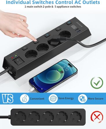 Мережевий фільтр Steckdoseleiste з індивідуальним керуванням, 5 розеток, настінний монтаж, захист від перенапруги 1050 Дж, для дому та офісу, кабель 2 м (4 розетки з USB, чорний)
