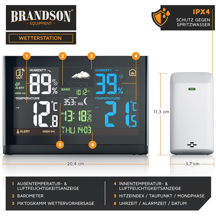 Brandson Weather Station with Color Display - with Outdoor Sensor - DCF Radio Clock Reception Signal - Indoor and Outdoor Temperature - Relative Air Pressure - Barometer - Temperature Trend – Light Sensor - LCD Display