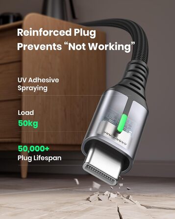 Кабель USB-C на USB-C, 3.1A, 0.3м, з LED-підсвіткою, нейлон, чорний - для iPhone, Samsung, Google Pixel