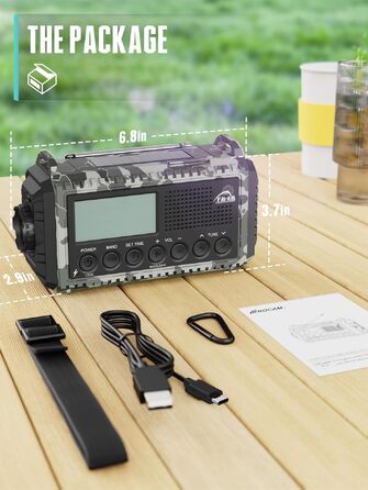 Радіо на механічній ручці з сонячною панеллю та Powerbank 12000mAh | AM/FM/SW радіо для надзвичайних ситуацій, зарядка USB-C, SOS-сигнал, ліхтарик та лампа для читання | Водонепроникне, портативне для кемпінгу, туризму (Сірий камуфляж)