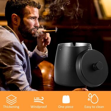 Переносний попільничка з нержавіючої сталі для вулиці з кришкою, 8.5 x 9 см, чорний