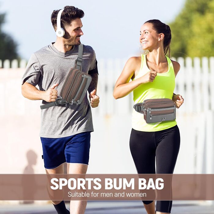 Поясна сумка на пояс для чоловіків та жінок з 7 кишенями на блискавці. Ідеальна для спорту, фітнесу, бігу, велоспорту, подорожей та кемпінгу. Колір: кавовий