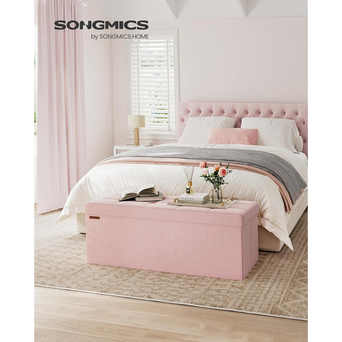 Складаний пуф SONGMICS з місцем для зберігання, пастельно-рожевий, 110×38×38 см, вантажопідйомність до 300 кг, для вітальні, спальні, коридору