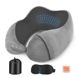 Подушка для шиї в літак та авто з ефектом пам'яті (Memory Foam), набір для подорожей: маска для сну, беруші та сумка, сіра
