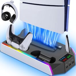 Підставка для PS5 Slim/Pro з зарядною станцією для контролера PlayStation 5 (Disc/Digital), аксесуари PS5 з RGB підсвіткою, вентилятор, тримач для навушників, USB хаб, чорно-білий, Q511