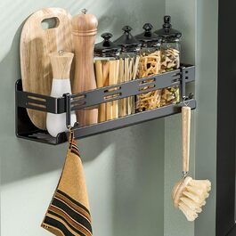 Настінна полиця для спецій та кухонного приладдя, чорна (40 см)