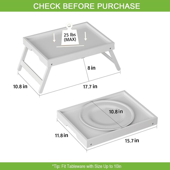 Столик-табурет Youpehom з розкладними ніжками, бамбук, для сніданку в ліжку, кухні, сервірування, дивану, їжі, як стіл для ноутбука, таця для перекусів, 2 шт., білий, 2 шт.