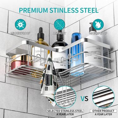 Дзеркальна поличка для душу Yazoni без свердління (2 шт.) - кутова поличка з гачками, нержавіюча сталь, срібна