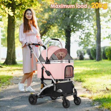 Візок для собак Mamizo 3-в-1: візок, переноска, сумка, до 20 кг, поворотні колеса, кошик, тримач для напоїв, для собак та котів (сріблястий, рожевий)