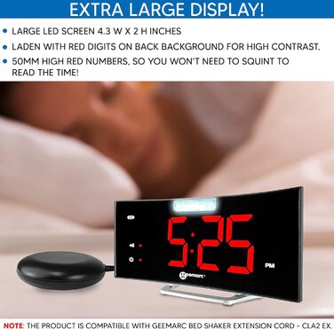 Alarm clock with a powerful 95dB alarm, vibrating pad, large display, and strobe light - The Geemarc Wake 'N' Shake Curve will wake you from deep sleep - USB charging port - Version DE