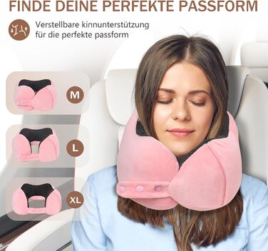 Подушка для шиї у літак, доросла, з піною з пам'яті, регульована, з маскою для сну та берушами, чорна (рожева)