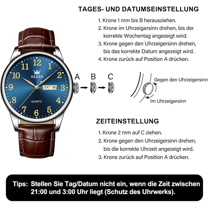 Чоловічий годинник OLEVS з нержавіючої сталі, кварцовий, аналоговий, класичний, бізнес-стиль, водонепроникний, з підсвічуванням, з датою, на шкіряному ремінці (A2 - синій циферблат/коричневий ремінь)