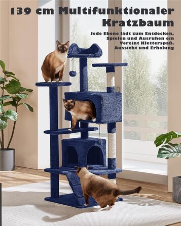 Кігтеточка-кольоротка для котів Yaheetech, 139 см, з 3 платформами, 3 стовпчиками для заточування, 2 будиночками, м'ячиками, блакитний (49 x 49 x 139 см)