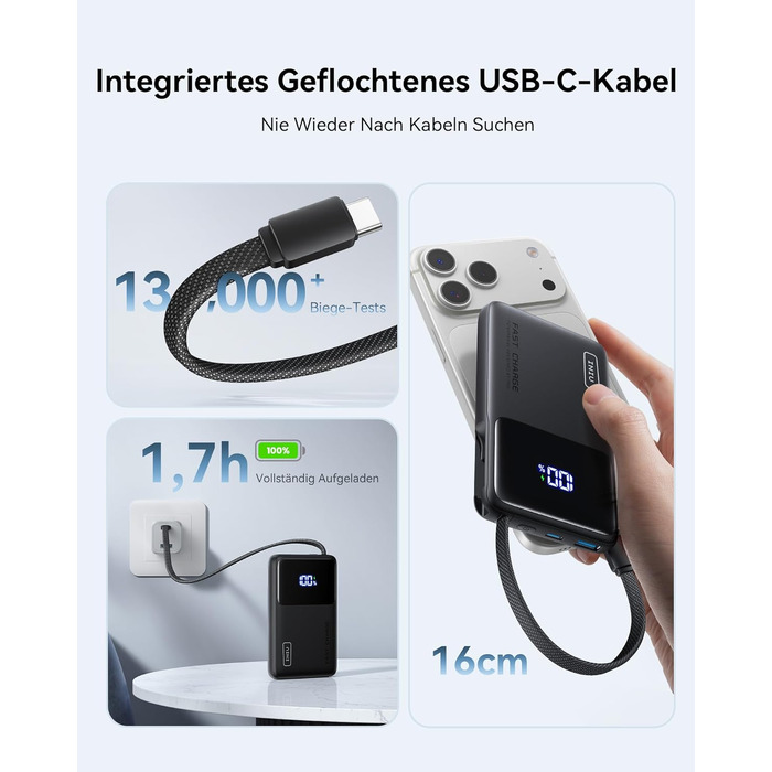 Повербанк INIU 45W 10000mAh з вбудованим кабелем USB-C, швидка зарядка для iPhone 16 17 Pro, Samsung S22, Xiaomi, iPad, чорний