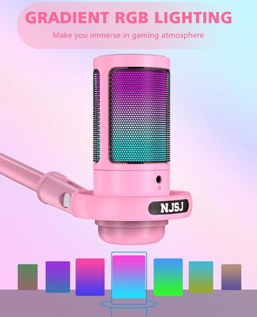Мікрофон для ПК NJSJ Gaming з тримачем, USB мікрофон для Mac, PS4, PS5 (рожевий) з кнопкою вимкнення звуку, навушниками, поп-фільтром, кардіоїдний конденсаторний мікрофон для подкастів та стрімінгу