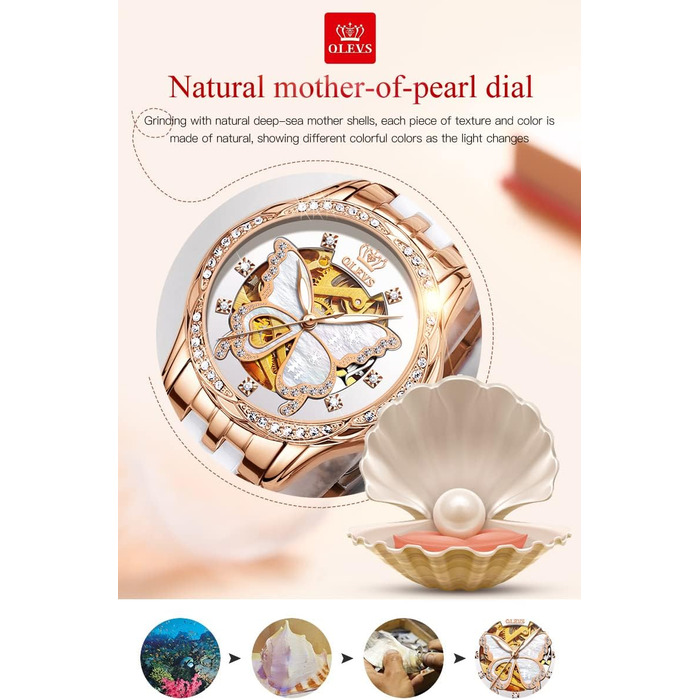 Годинник жіночий OLEVS рожеве золото з діамантом серце, чорно-білий циферблат, кварц, водонепроникний, комплект з браслетом, годинники для жінок (6622: перламутр)