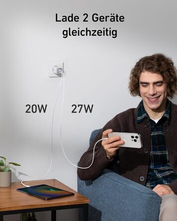 Зарядний пристрій Anker USB-C 47W (Nano 3) з 2 портами GaN, білий - для iPhone, Galaxy, Pixel, iPad