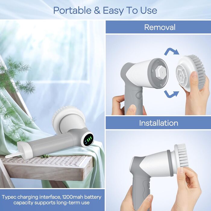 Electric Cleaning Brush for Bathroom, Electric Cleaning Brush with LED Display, Spin Scrubber with 5 Brush Heads, Handheld Cleaning Brush for Household, Floor, Car Tires, Type-C Fast Charging, 2 Modes