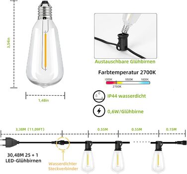 Ланцюжок прикрас AzureStar 15м LED для вулиці: 25+1 ST38, IP44, подовжуваний, 2700K