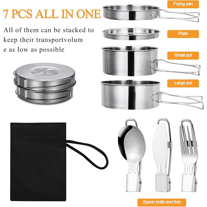 Набір кухонного посуду для кемпінгу на 2-3 особи з нержавіючої сталі: 7 предметів для пікніків, походів та кемпінгу